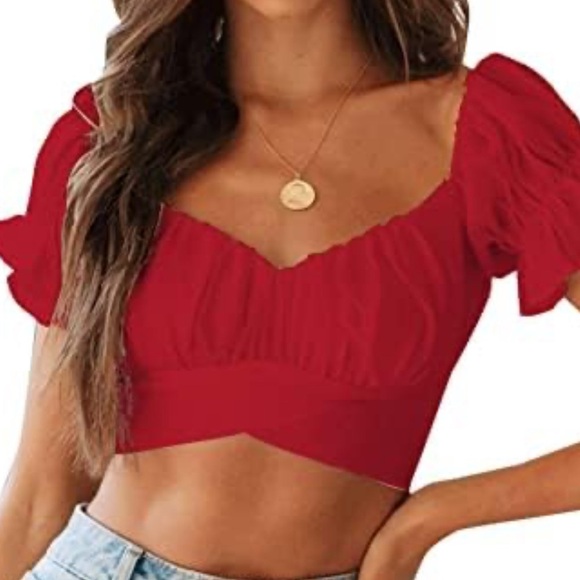 LYANER Women's Ruffle Short Sleeve Tie Up Back Crop Top Off Shoulder Blouse NWOT - Picture 1 of 8